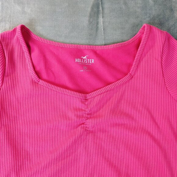 Hollister Womens Ribbed Top Medium Pink Short Sleeve Ruched Casual Y2K Vibe - Picture 6 of 6